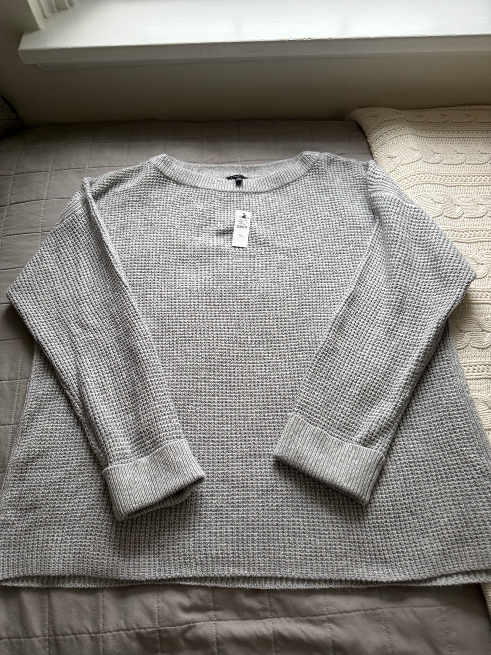 Talbots Light Gray Waffle-Knit Crew Neck Sweater Cozy Cottage Core XL - NWT